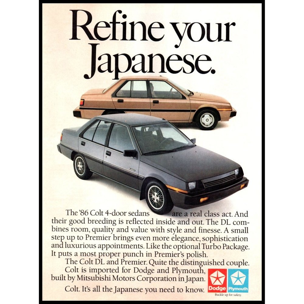 1986 Dodge Plymouth Colt Sedan Vintage Print Ad Japanese Wall Art Photo